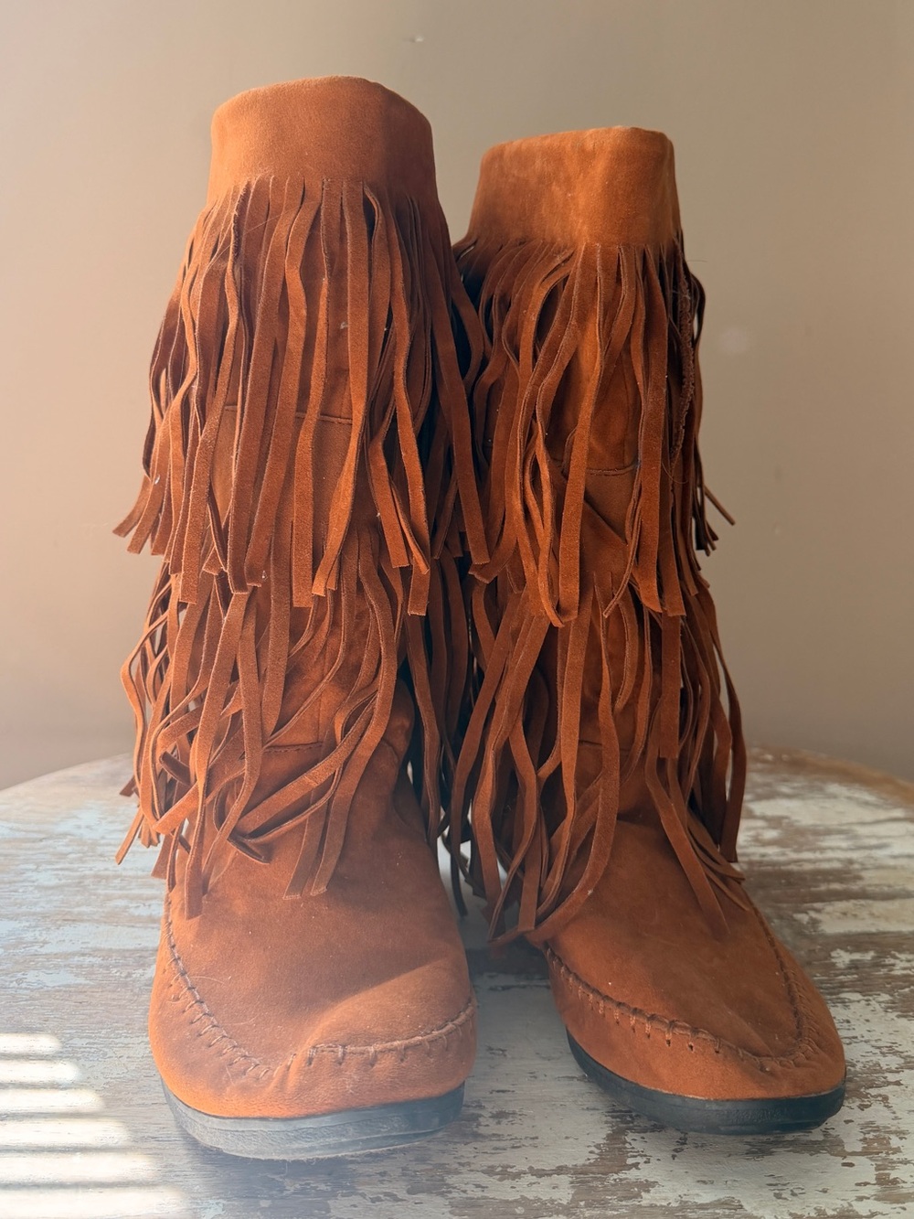 Fringe Suede Mid-Calf Boots - Rust Brown